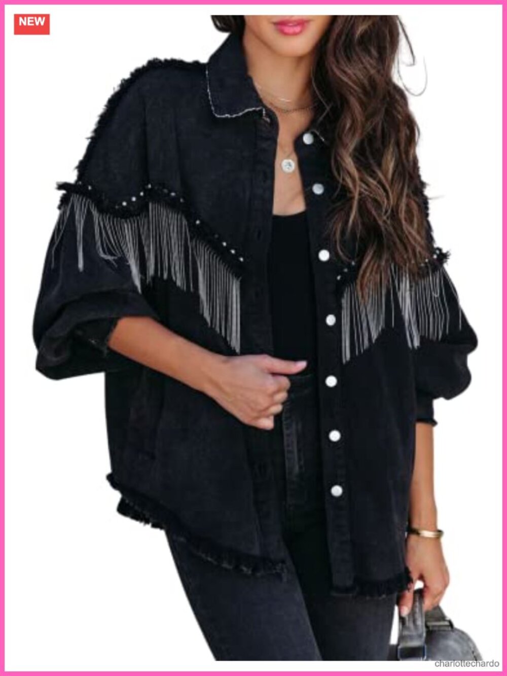 Oversized Fringe Denim Jacket Sparkly Tassel Western Cowboy Coat